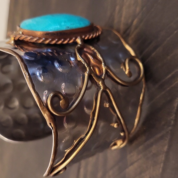 Handmade In India Turquoise Gemstone , Silver & Brass Cuff Bracelet - Picture 4 of 9